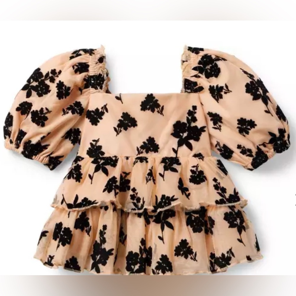 Janie and Jack - Floral Puff Sleeve Peplum Top - Almond Latte Floral